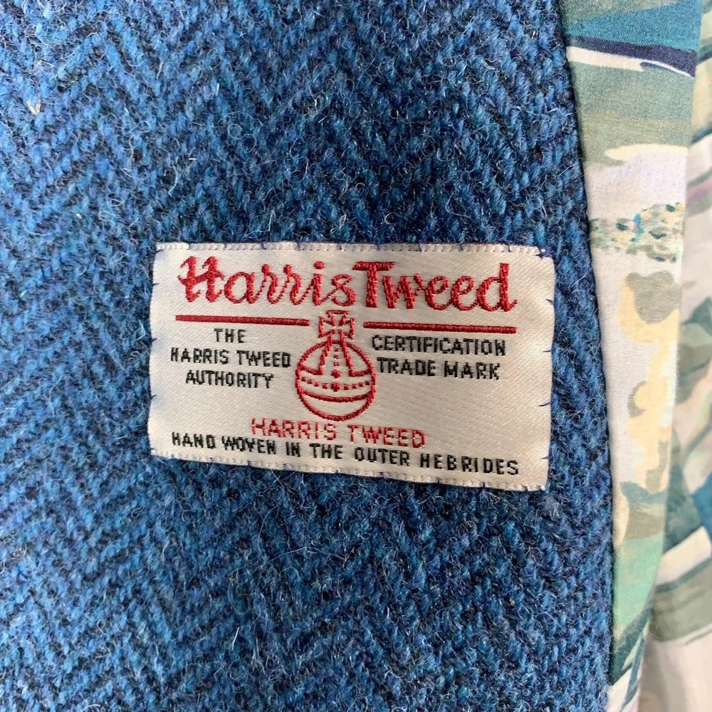 Harris Tweed Vest Waistcoat Women's 4 Blue Herringbone Open Front Handwoven Wool - Picture 2 of 8
